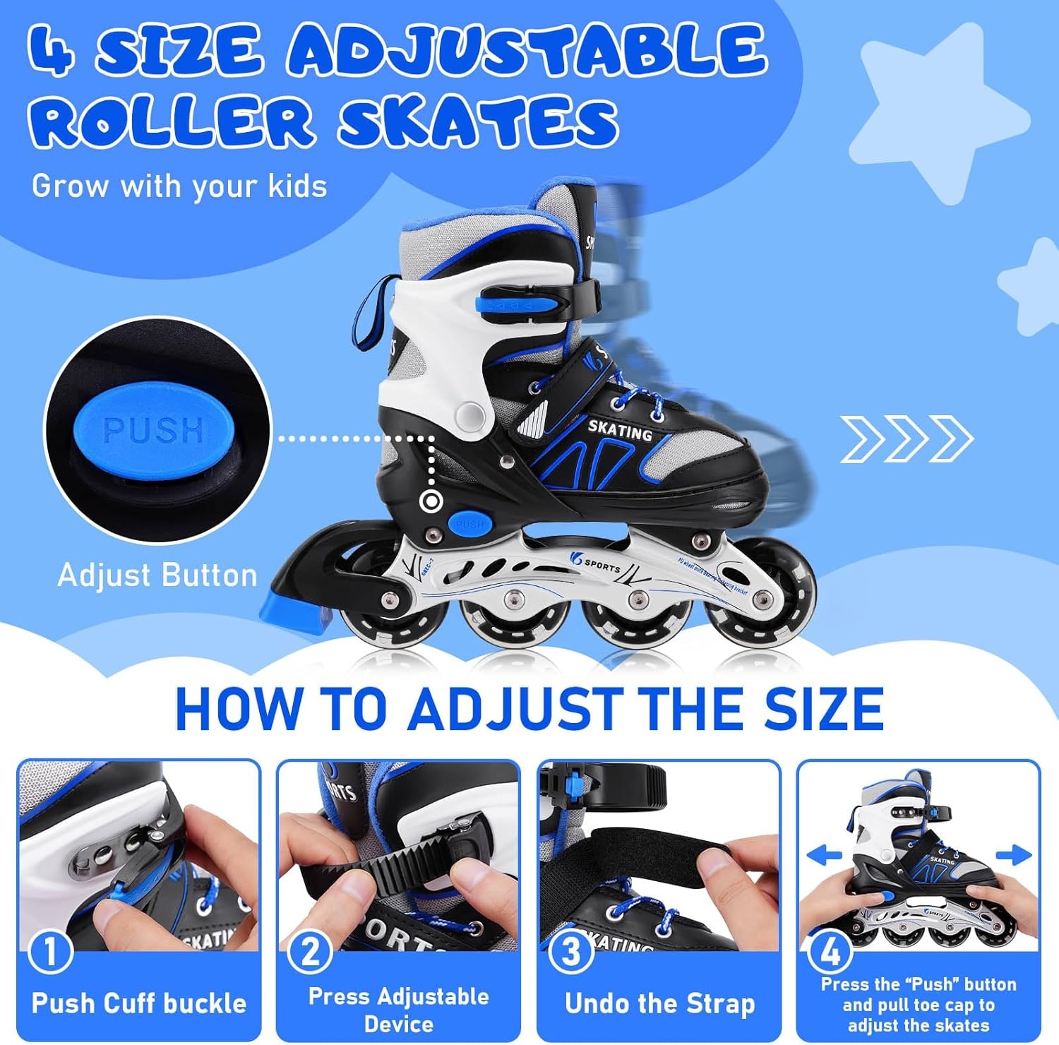 Inline skates kinderen verstelbaar 4 wielen lichtgevend met rem voor beginners