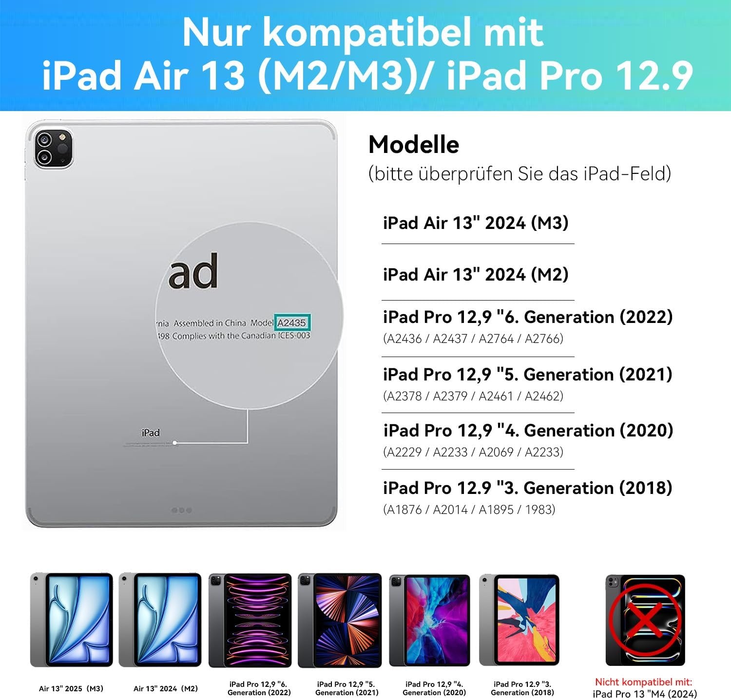 iPad Hoes met QWERTZ Toetsenbord & Trackpad, 7 Kleuren Achtergrondverlichting voor iPad Air 13" & Pro 12.9" - Wit