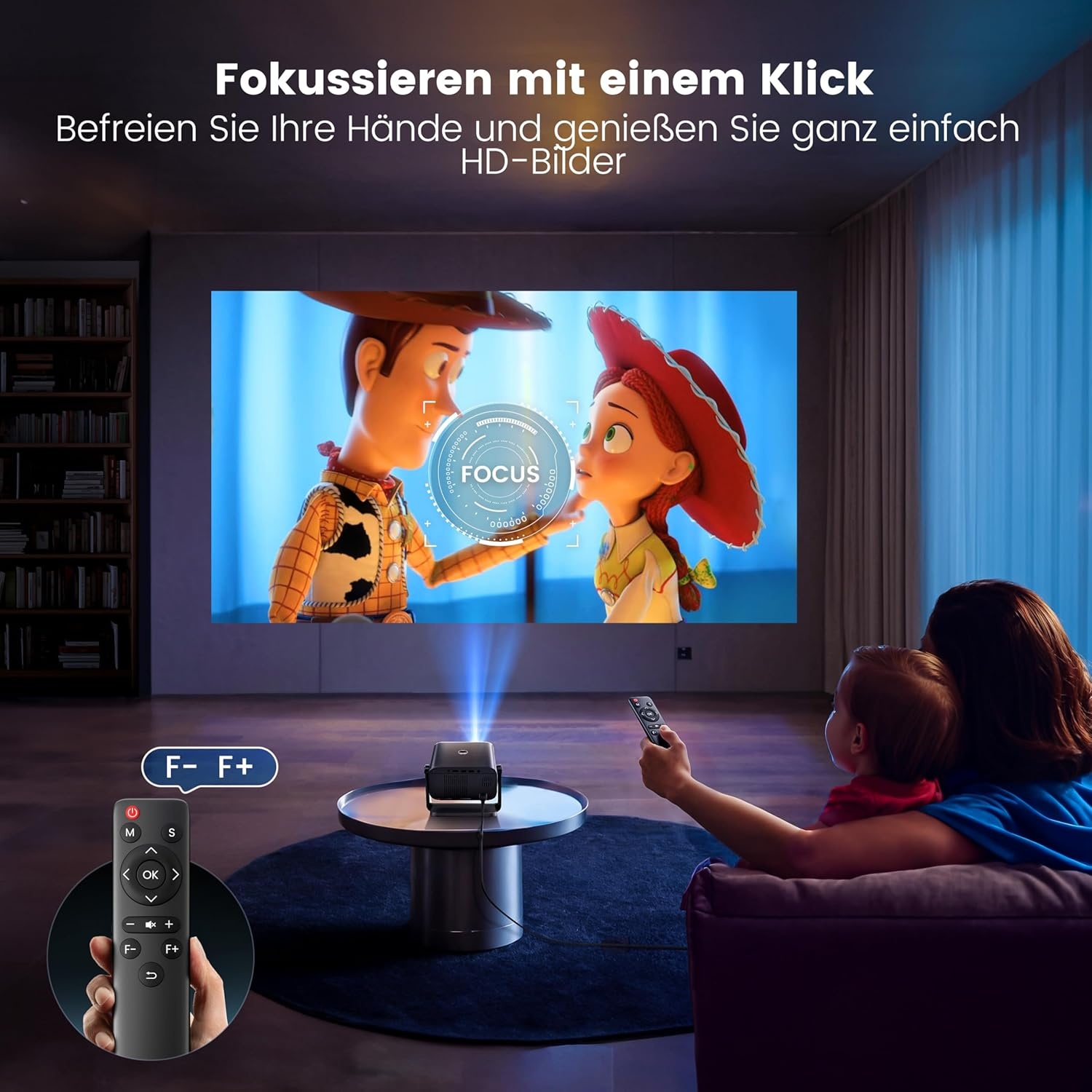 Beamer【Elektrische focus/auto trapeziumcorrectie】 WiFi Bluetooth draagbare mini-projector Full HD 1080p ondersteund, stofdichte led-beamer, 145° draaibare 50% zoom voor thuisbioscoop/outdoor mobiele