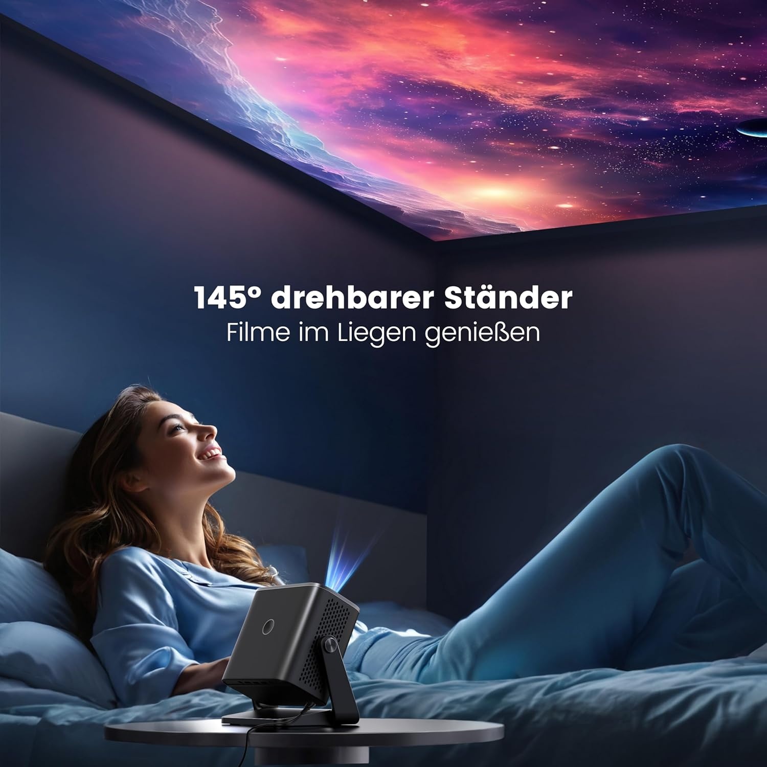 Beamer【Elektrische focus/auto trapeziumcorrectie】 WiFi Bluetooth draagbare mini-projector Full HD 1080p ondersteund, stofdichte led-beamer, 145° draaibare 50% zoom voor thuisbioscoop/outdoor mobiele