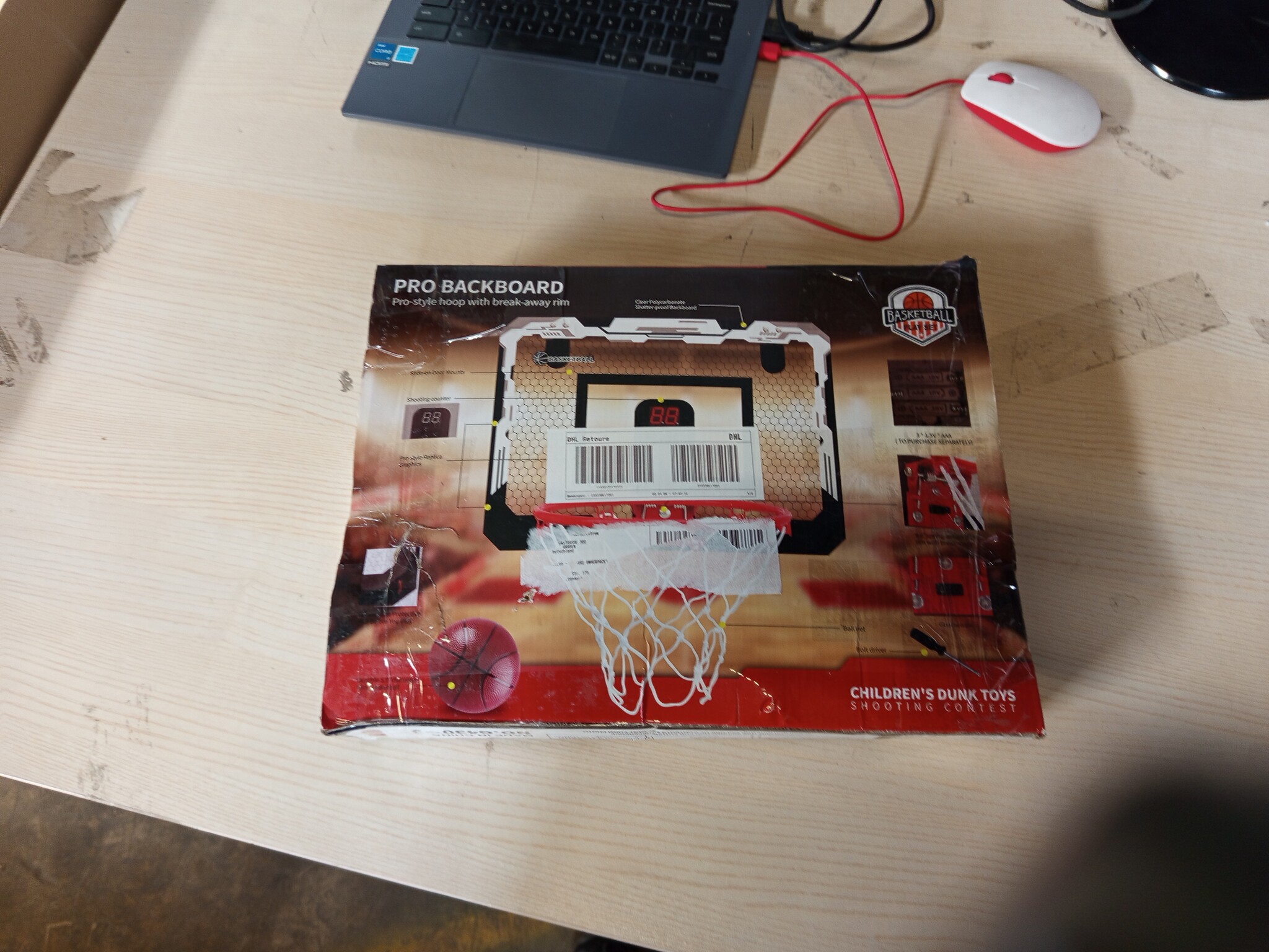 Mini basketbalkorf indoor voor kinderen & volwassenen, over de deur & wandmontage, metalen ring 23cm, bord 30x40cm, automatische puntenteller, incl. 4