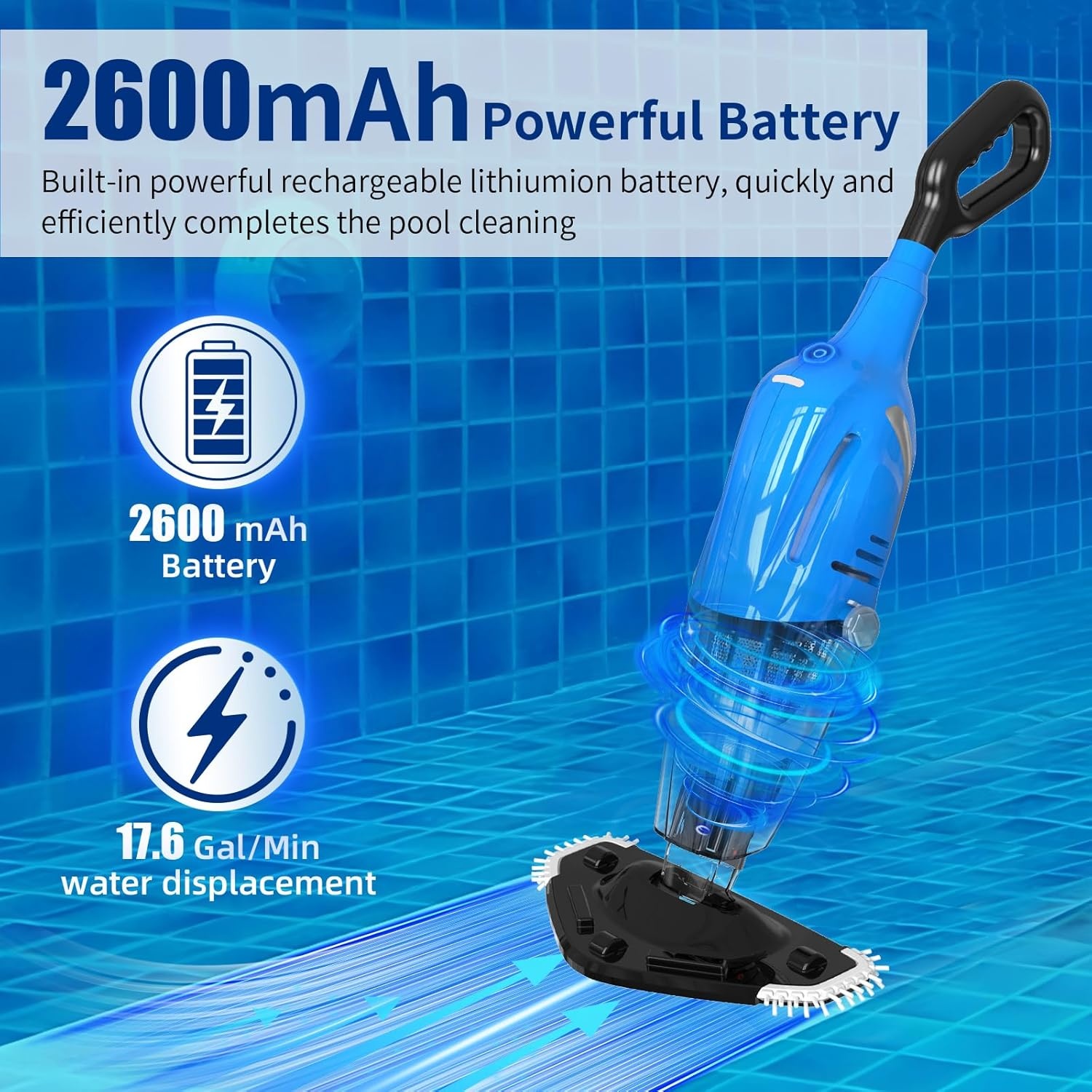 Elektrische Zwembadzuiger met Accu Draadloos, Telescopische Staaf, 80 min Looptijd, Dubbel Filter voor Zwembaden, Spa's & Bubbelbaden