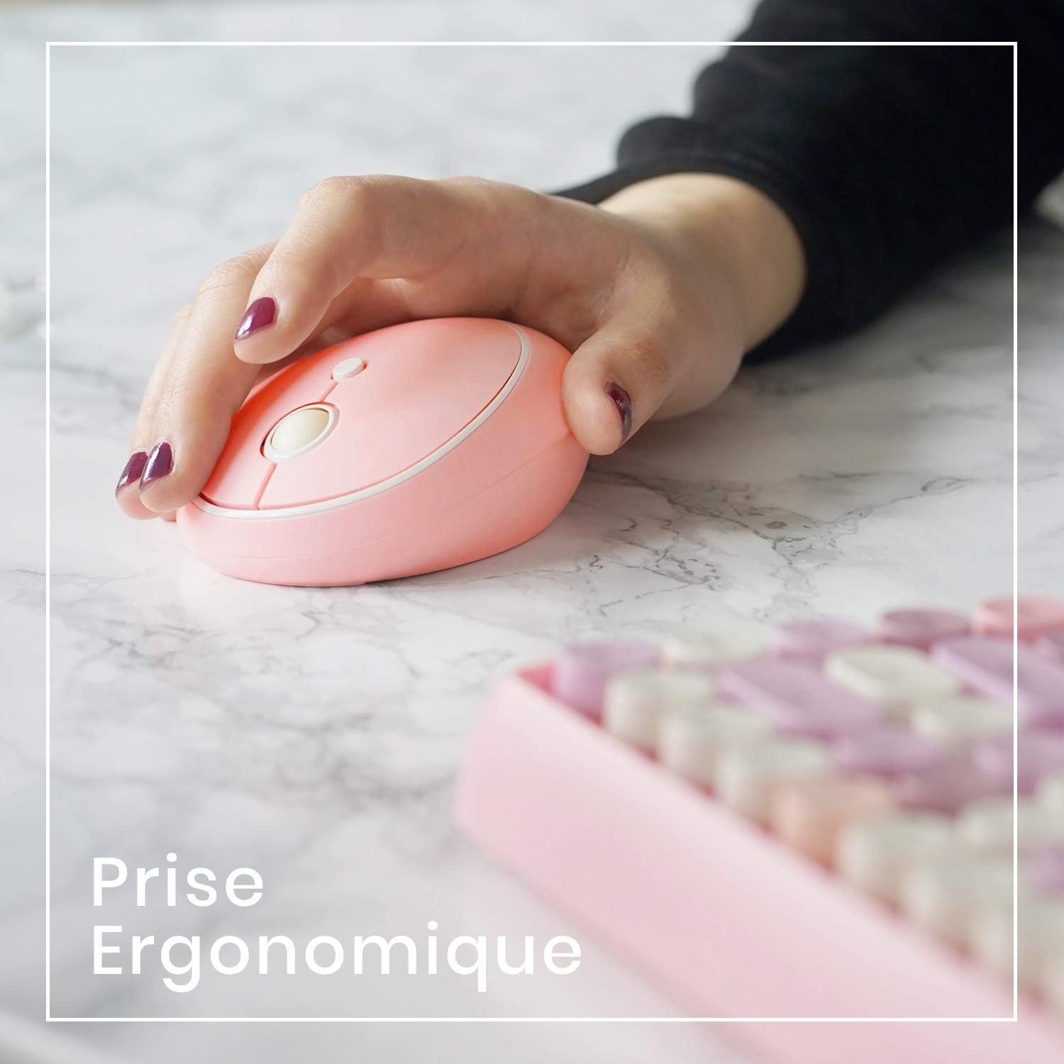 Draadloze Mini Toetsenbord & Muis Set met Afgeronde Retro Toetsen Pastelroze AZERTY