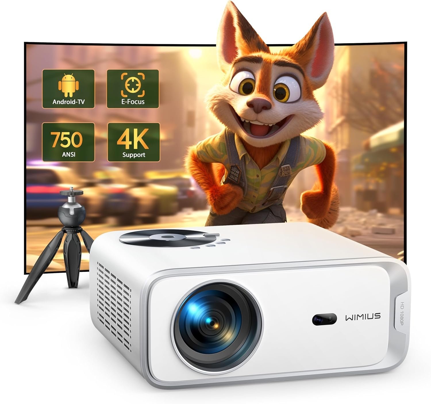WiMiUS 4K Projector met Android TV, WiFi Bluetooth, Auto Keystone en Elektrische Focus