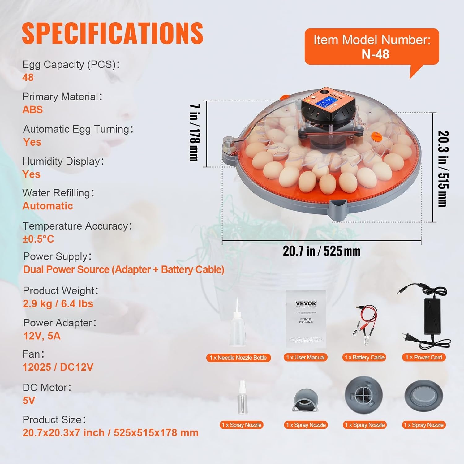 VEVOR Automatische broedmachine voor broedeieren, broedeieren, 48 eieren, temperatuur- en vochtigheidsregeling, transparant, ABS-deksel voor uitbraak, kippeneieren, eend, kwartel