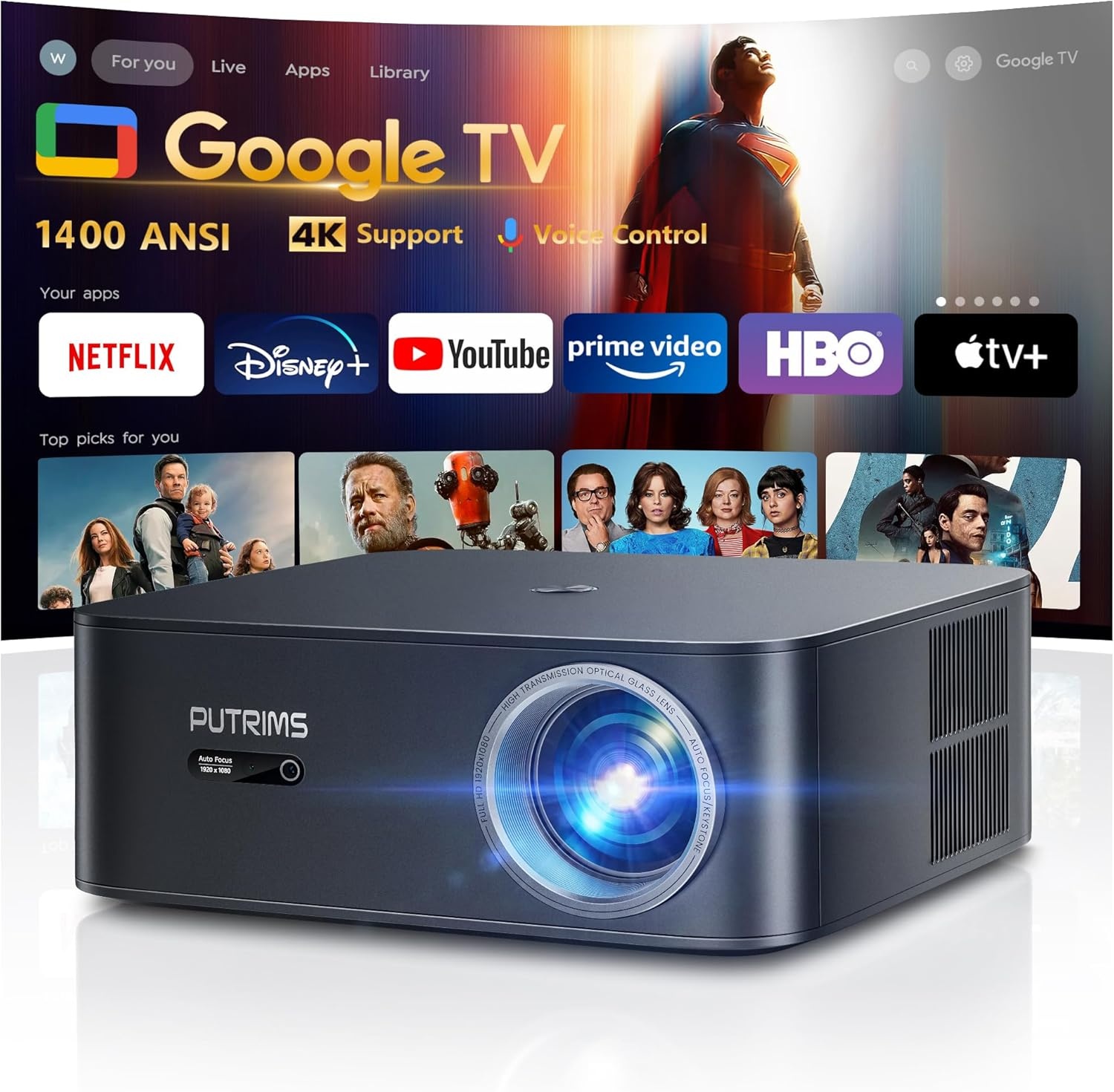 【1200 ANSI/Google TV】 Smart-projector 4K, WiFi6, Bluetooth 5.2, Full HD, native 1080P-projector met officiële Netflix, autofocus/keystone en zoom, spraakbesturing voor mobiele telefoon/pc/HDMI/USB
