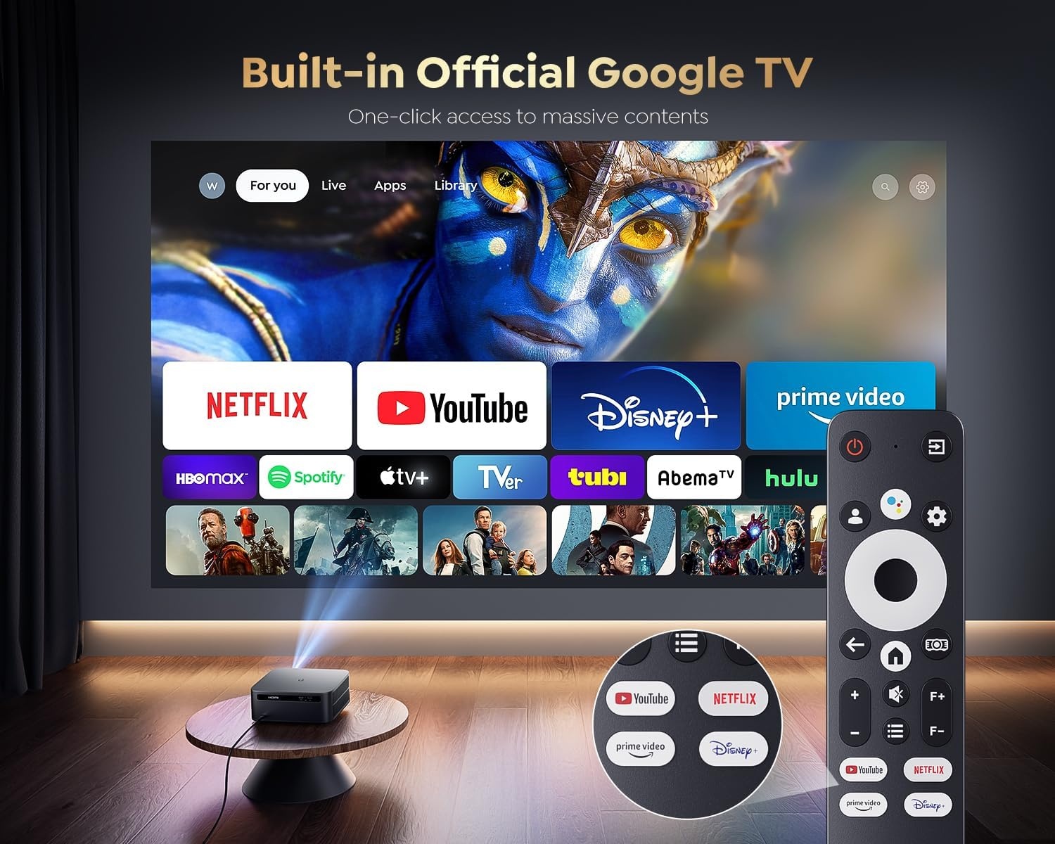 【1200 ANSI/Google TV】 Smart-projector 4K, WiFi6, Bluetooth 5.2, Full HD, native 1080P-projector met officiële Netflix, autofocus/keystone en zoom, spraakbesturing voor mobiele telefoon/pc/HDMI/USB