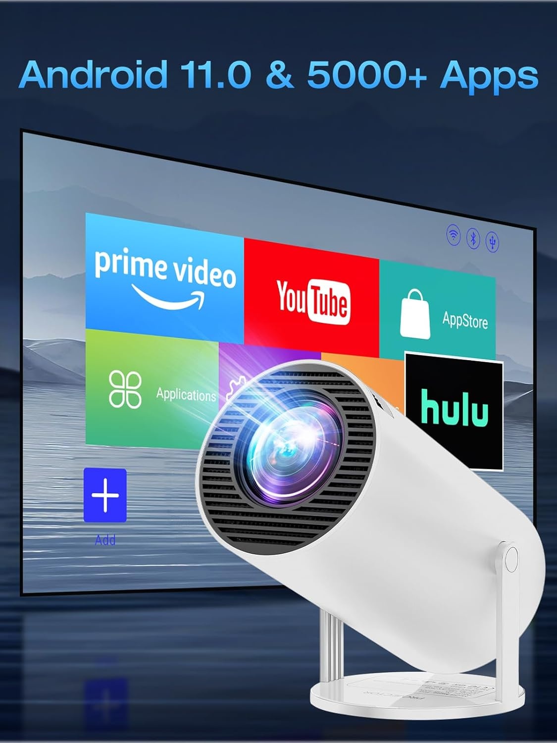 Mini Projector Draagbaar met Android 11, 1080P HD, 20000 Lux, 4K Ondersteuning en 180° Rotatie