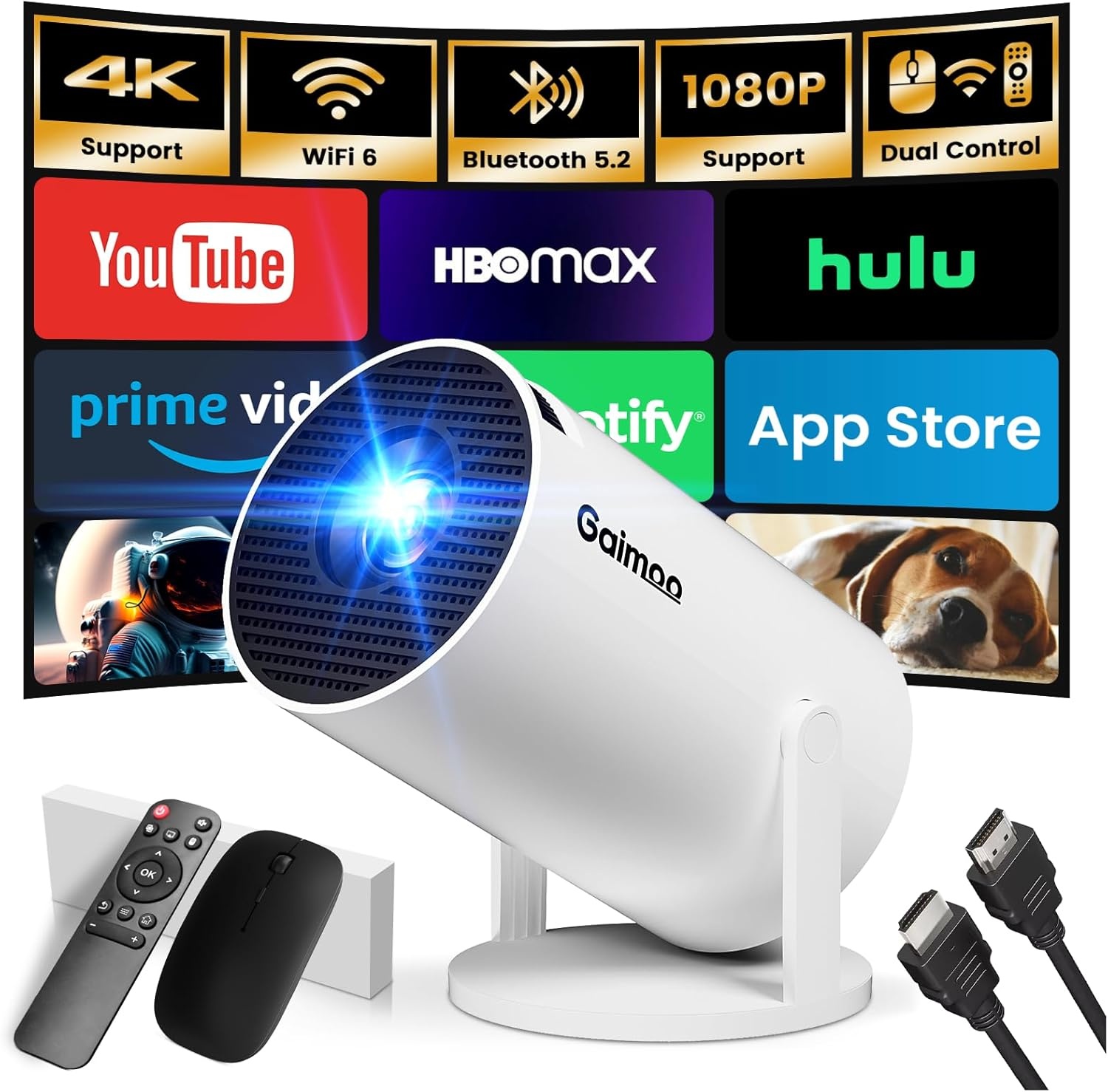 Gaimoo Mini Projector Wit - 4K FHD 1080P, 180° Draaibaar, WiFi 6 & Bluetooth 5.2