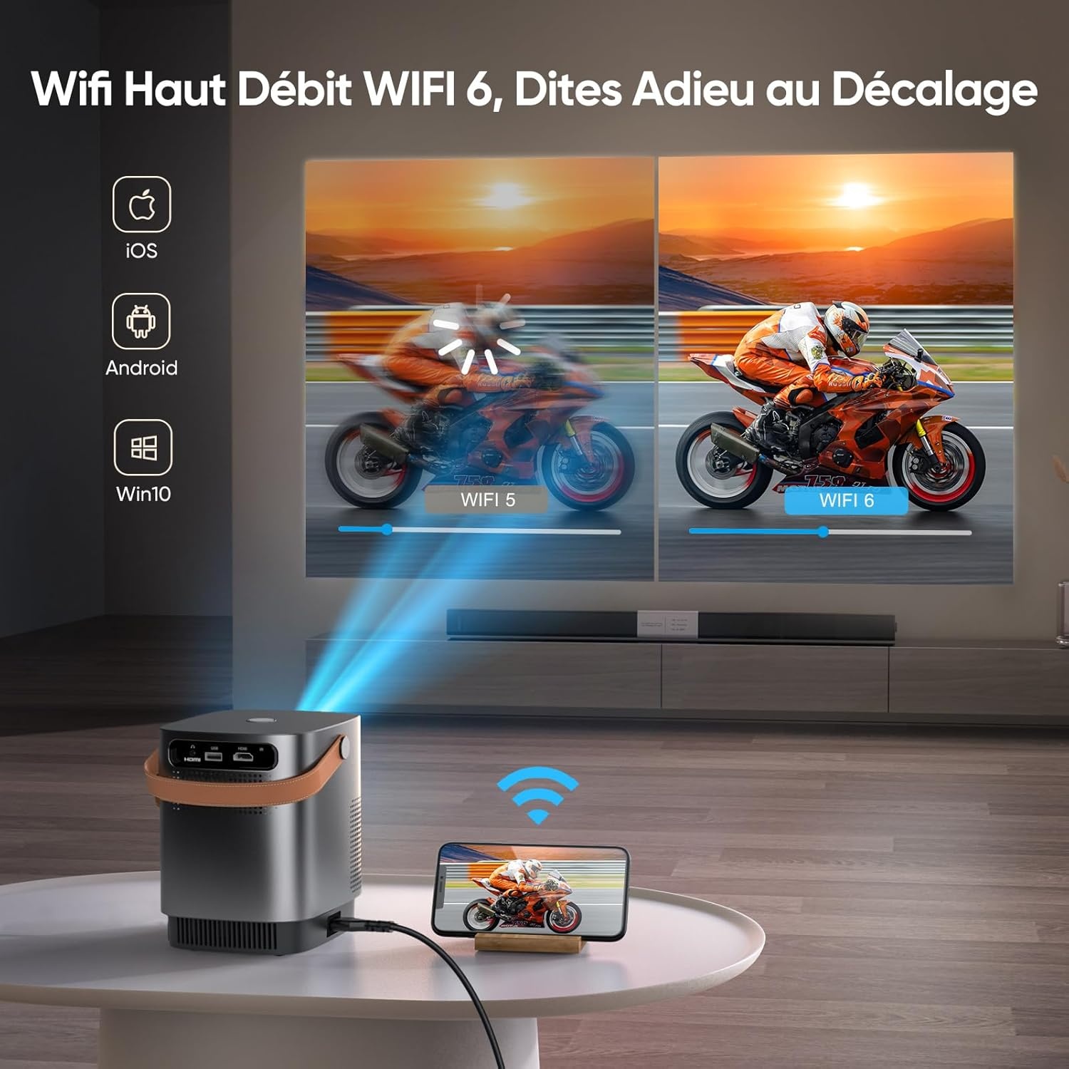 Draagbare Miniprojector 【Elektrische Focus】20000 Lumen WiFi6 Bluetooth-Videoprojector, TOPTRO 1080P FHD-ondersteunde 4K Draagbare Videoprojector, Volledig Afgedicht, 4P & 4D Correctie, 50% Zoom