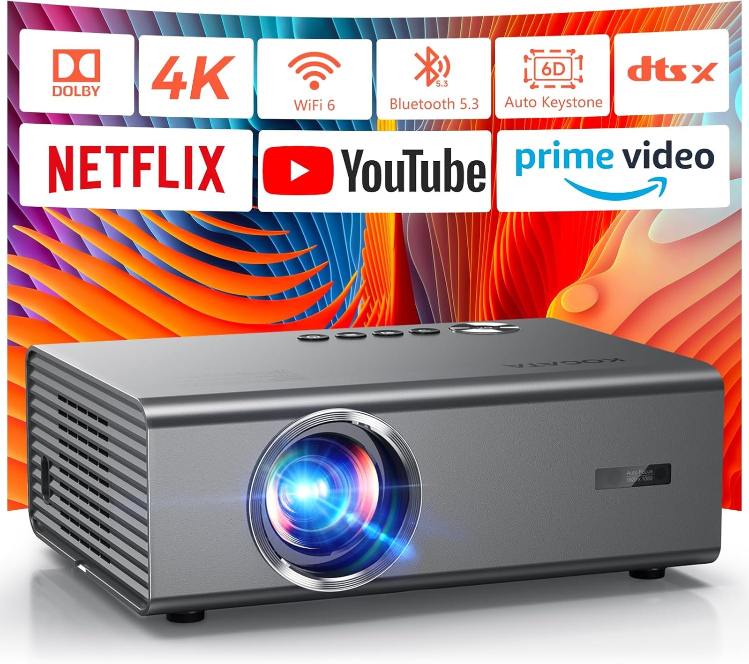 4K Smart Projector voor Slaapkamer met Netflix Smart OS & HDR10 | KOGATA AI Auto Focus, 6D Keystone, WiFi 6 & Bluetooth 5.3 | Home Cinema Projectoren voor buiten en binnen