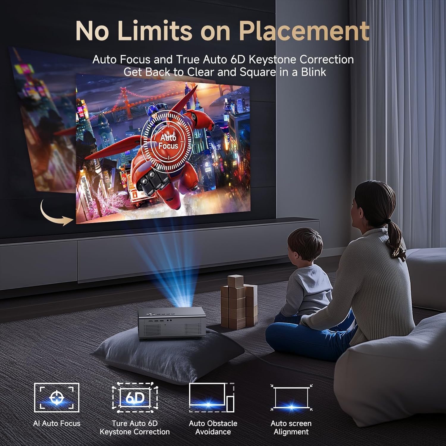 4K Smart Projector voor Slaapkamer met Netflix Smart OS & HDR10 | KOGATA AI Auto Focus, 6D Keystone, WiFi 6 & Bluetooth 5.3 | Home Cinema Projectoren voor buiten en binnen