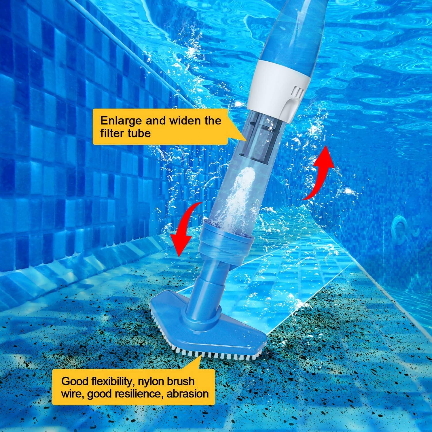 Draadloze zwembadzuiger met accu 3-in-1, 90 min looptijd, telescoopstang, voor kleine zwembaden & spa's, blauw