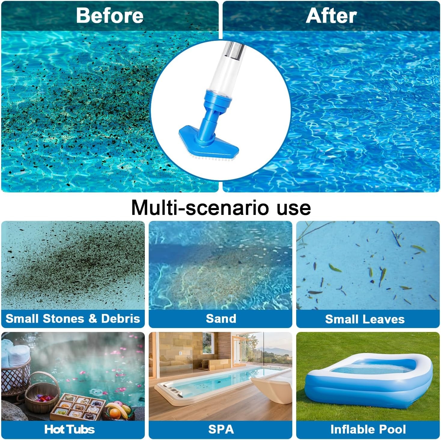 Draadloze zwembadzuiger met accu 3-in-1, 90 min looptijd, telescoopstang, voor kleine zwembaden & spa's, blauw