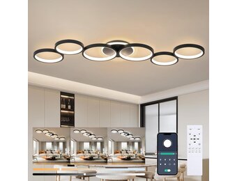 Plafondlamp LED Dimbaar Zwart 6-Rings Rond met Afstandsbediening & APP, Geheugenfunctie, L113cm, Woonkamer Slaapkamer