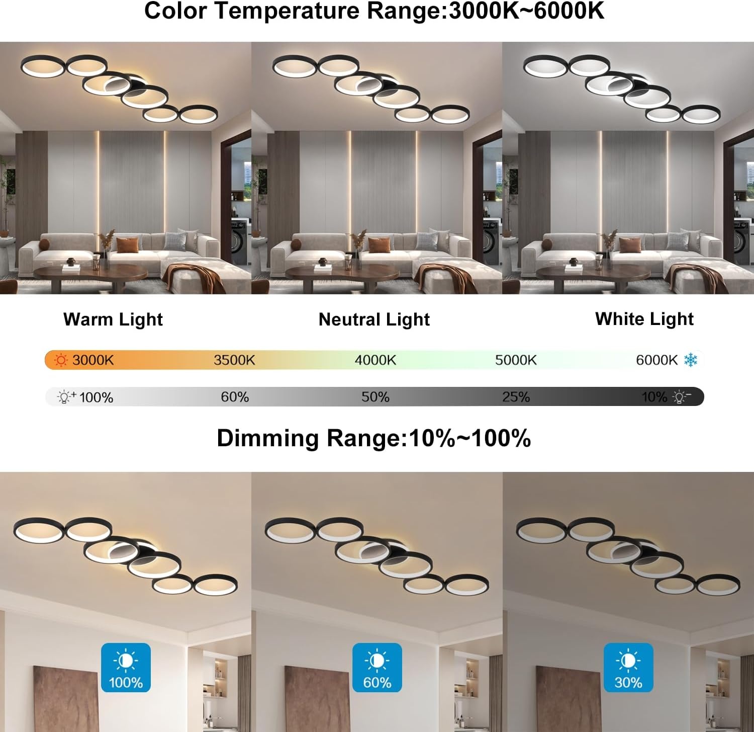 Plafondlamp LED Dimbaar Zwart 6-Rings Rond met Afstandsbediening & APP, Geheugenfunctie, L113cm, Woonkamer Slaapkamer