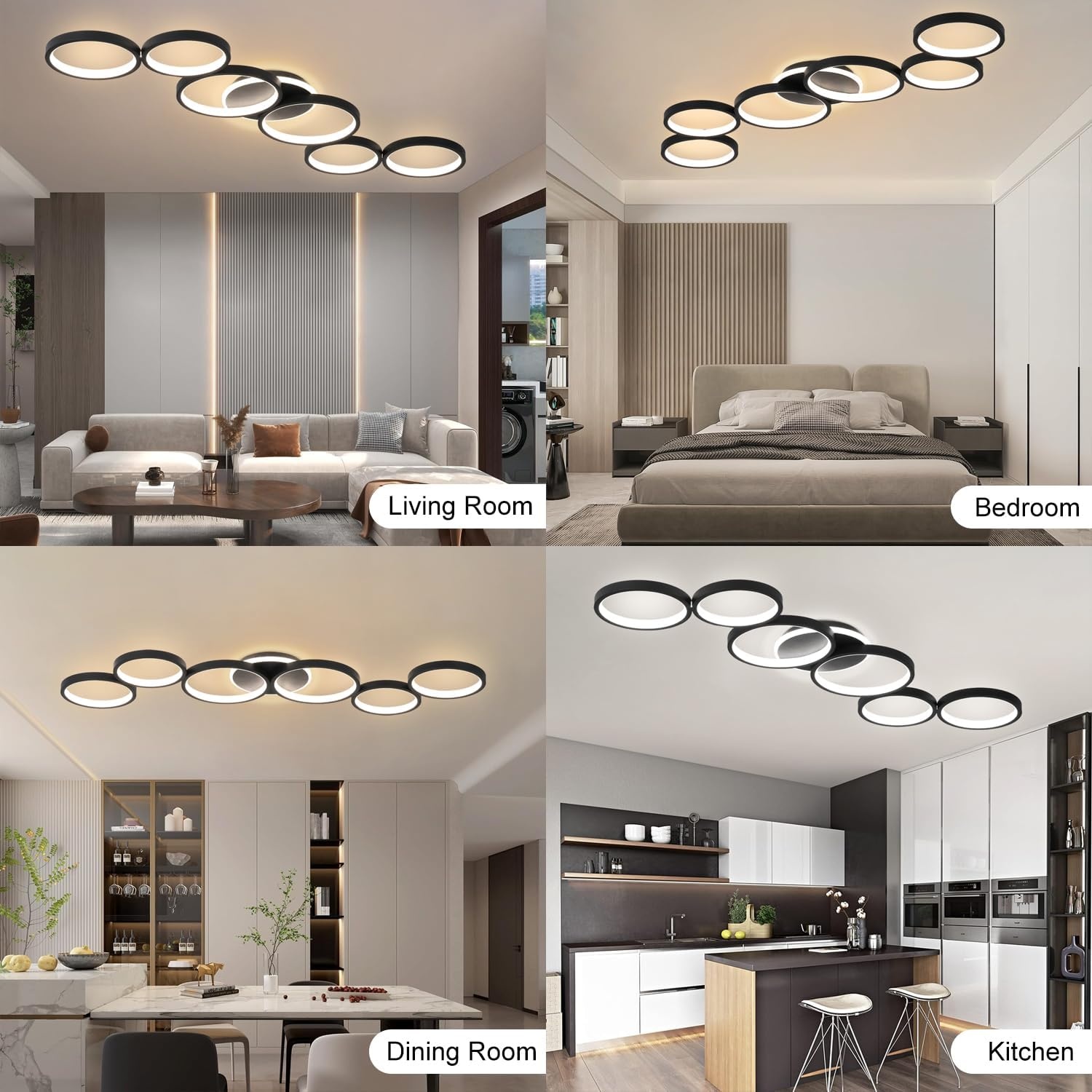 Plafondlamp LED Dimbaar Zwart 6-Rings Rond met Afstandsbediening & APP, Geheugenfunctie, L113cm, Woonkamer Slaapkamer