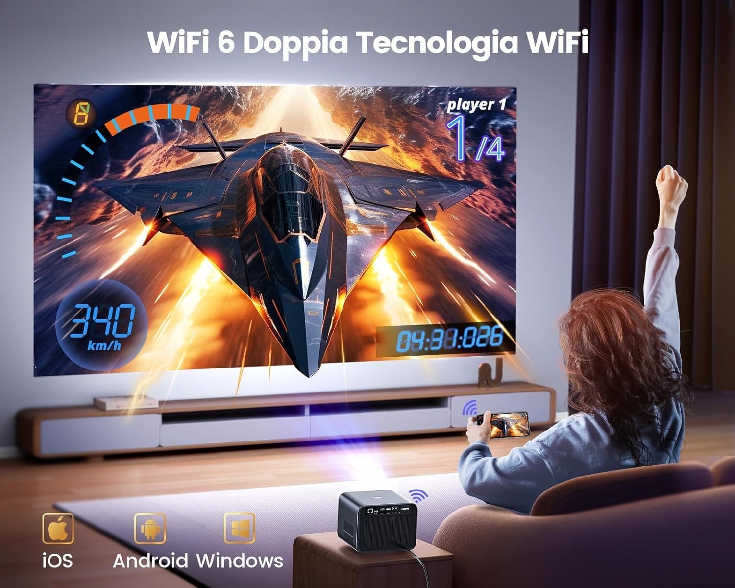 WiMiUS 4K Beamer met Autofocus, 6D Keystone, WiFi 6 & Bluetooth 5.2 - Officieel Netflix & Dolby