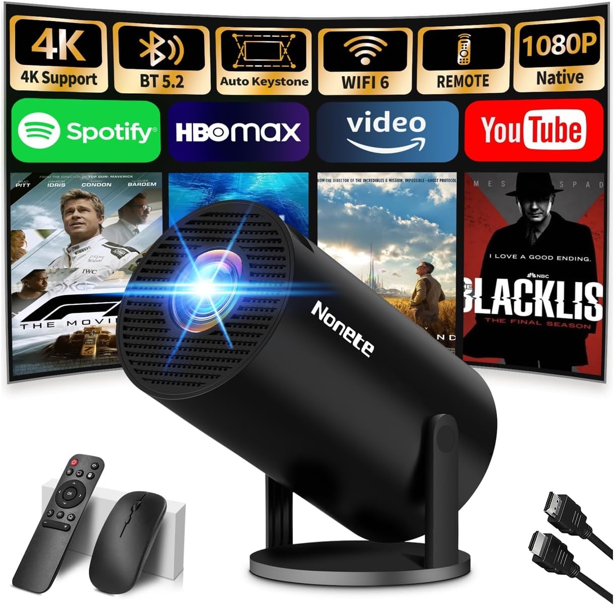 Mini-beamer, 4K-projector, Full HD 1080P met wifi 6 en Bluetooth 5.2, Android draagbare projector, 270 graden draaibaar, met automatische trapeziumcorrectie voor pc/HDMI/USB, met muis en