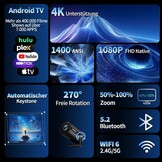 Mini-beamer, 4K-projector, Full HD 1080P met wifi 6 en Bluetooth 5.2, Android draagbare projector, 270 graden draaibaar, met automatische trapeziumcorrectie voor pc/HDMI/USB, met muis en