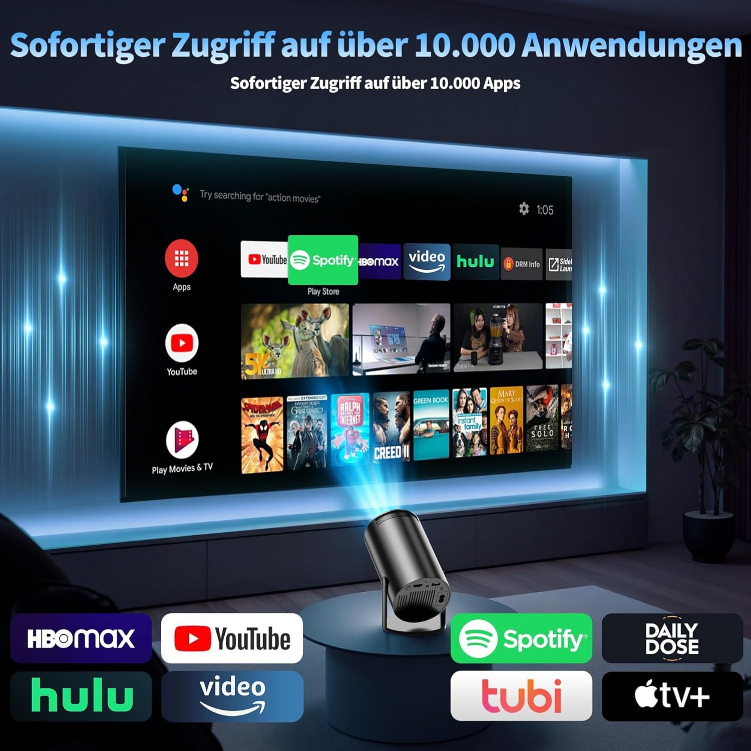 Mini-beamer, 4K-projector, Full HD 1080P met wifi 6 en Bluetooth 5.2, Android draagbare projector, 270 graden draaibaar, met automatische trapeziumcorrectie voor pc/HDMI/USB, met muis en