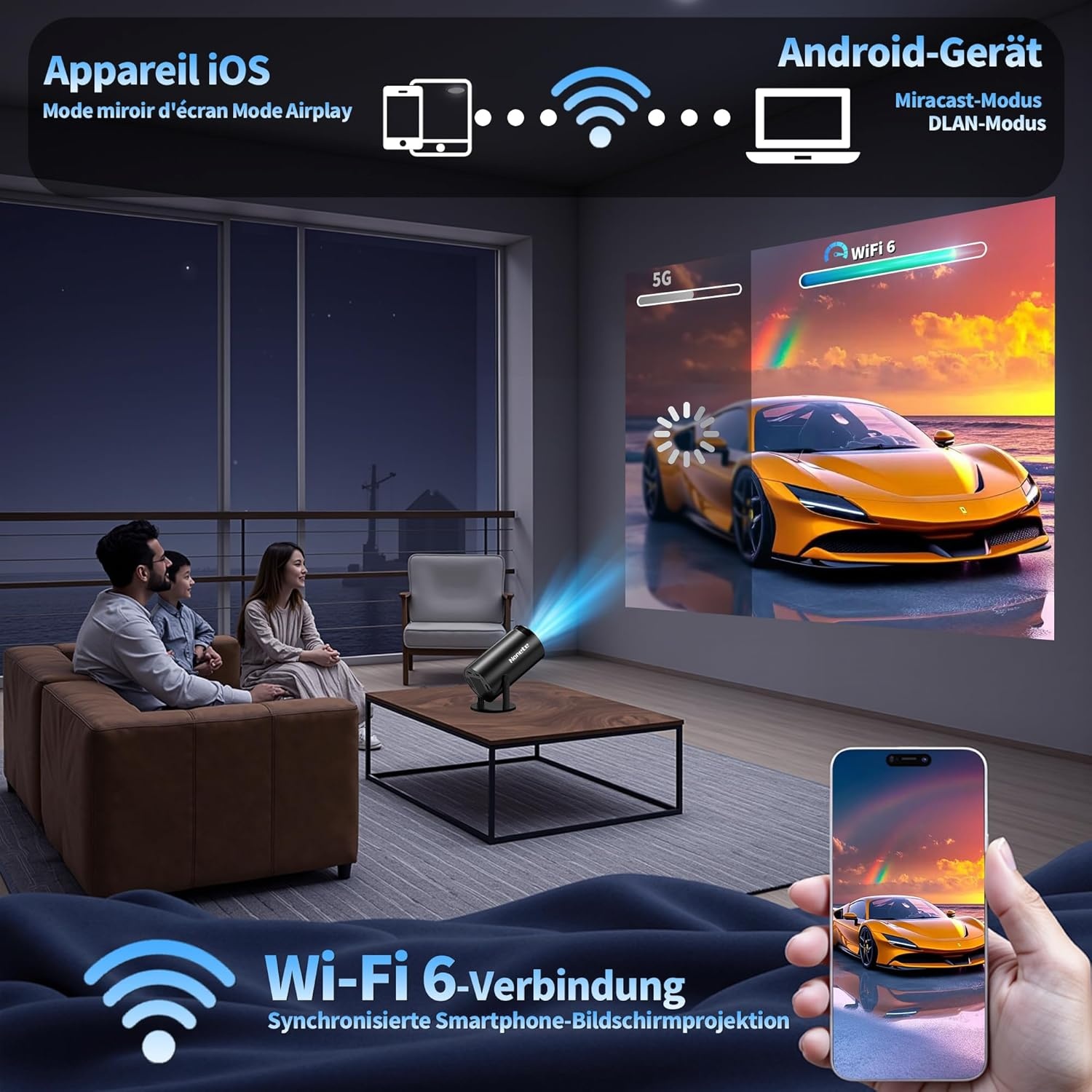 Mini-beamer, 4K-projector, Full HD 1080P met wifi 6 en Bluetooth 5.2, Android draagbare projector, 270 graden draaibaar, met automatische trapeziumcorrectie voor pc/HDMI/USB, met muis en