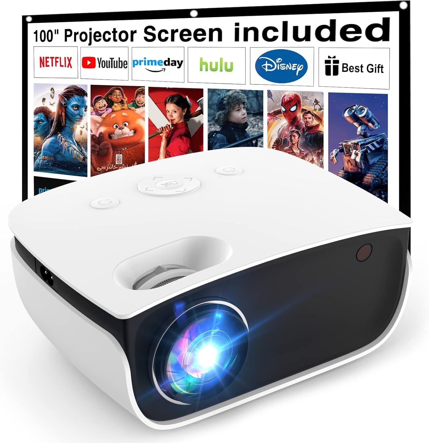 Mini-beamer, 7500 lumen, mini-projector, ondersteunt 1080p Full HD [projectiescherm inbegrepen], draagbare retroprojector, compatibel met iOS/PS5/Android/tv-stick enz., USB