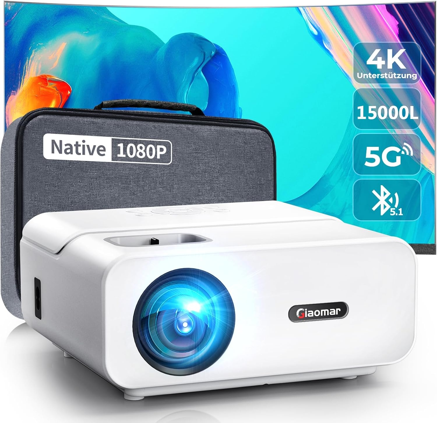 Beamer, Full HD 1080P Native 15.000 lumen 5G WiFi Bluetooth beamer, 4K ondersteund, mini-led-beamer, thuisbioscoop, 300 inch display, compatibel met iOS/Android/tv-stick/laptop/PS5 (tas inbegrepen)