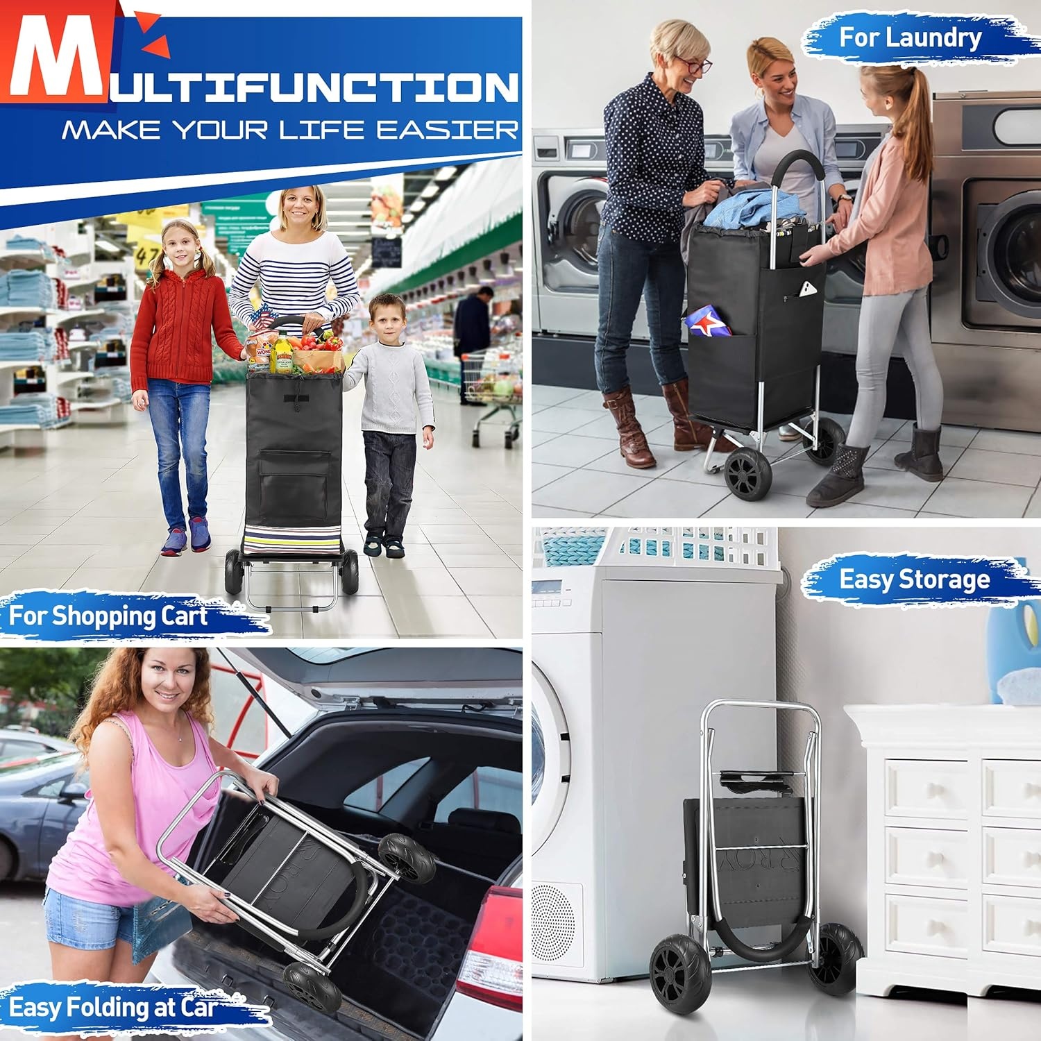 Opvouwbare boodschappentrolley 75L, 2-in-1 met RVS frame en waterdichte tas - Zwart