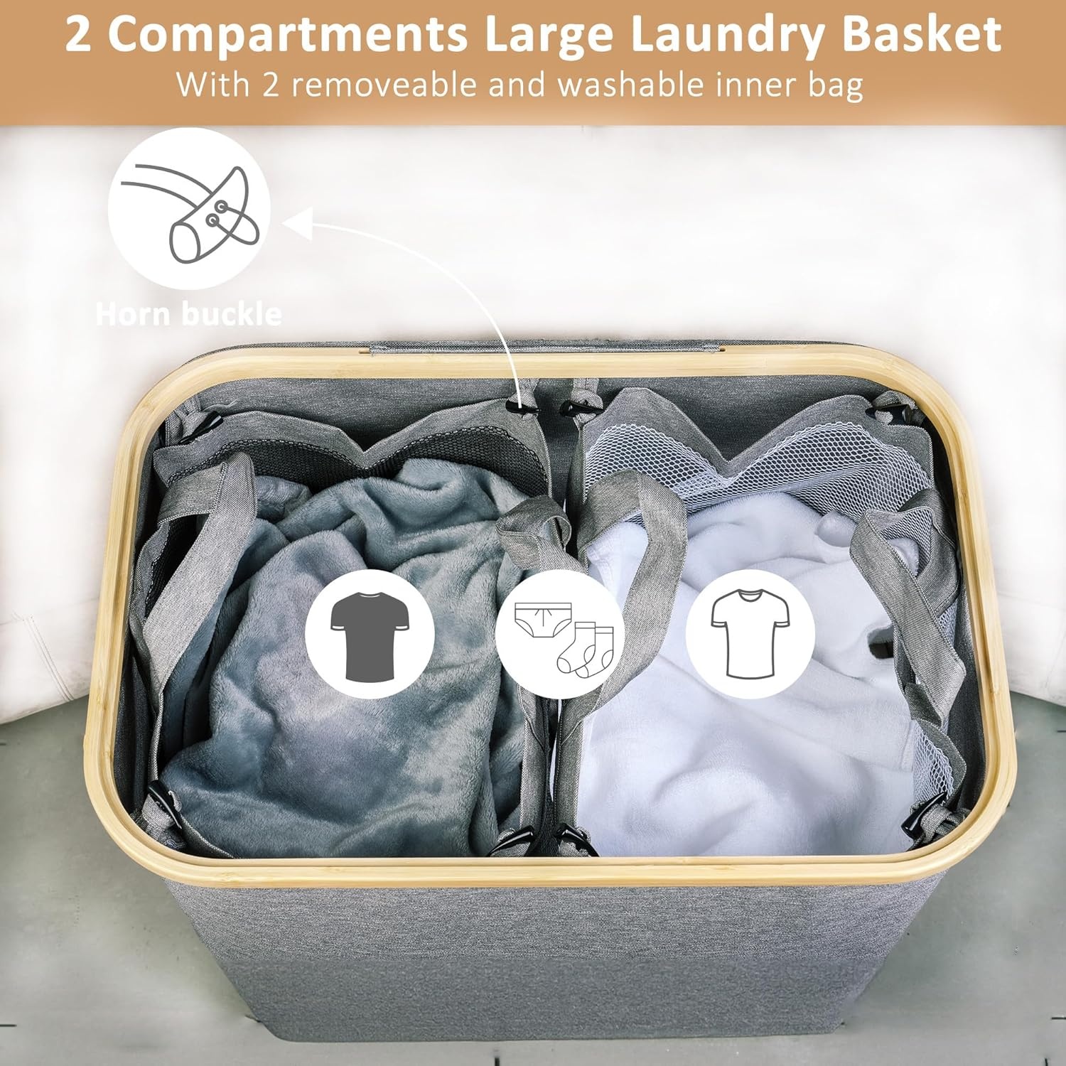 Grijze Wasmand met 2 Compartimenten & 35% Korting