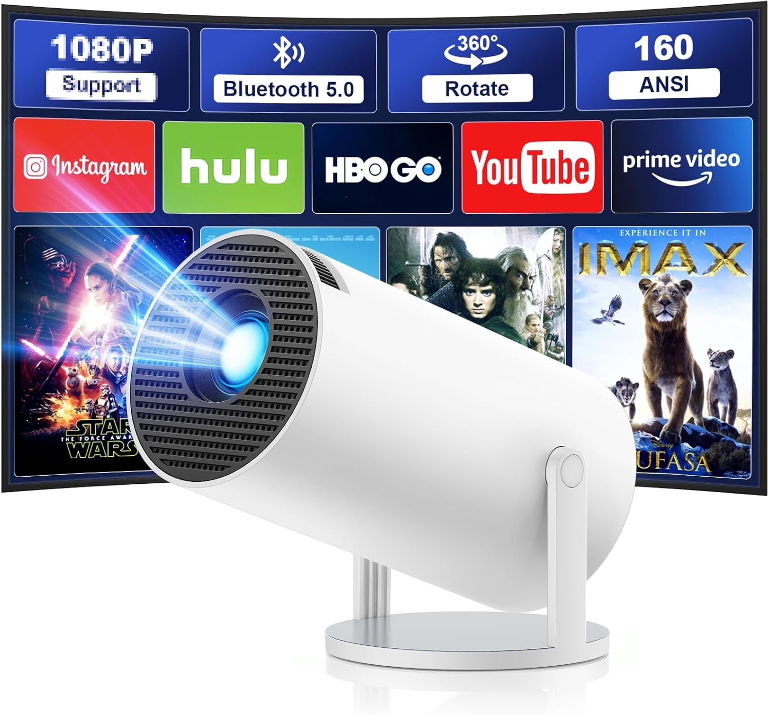 Mini-projector 4K/1080p: Android 11, WiFi/BT, 180° Rotatie (-29%)