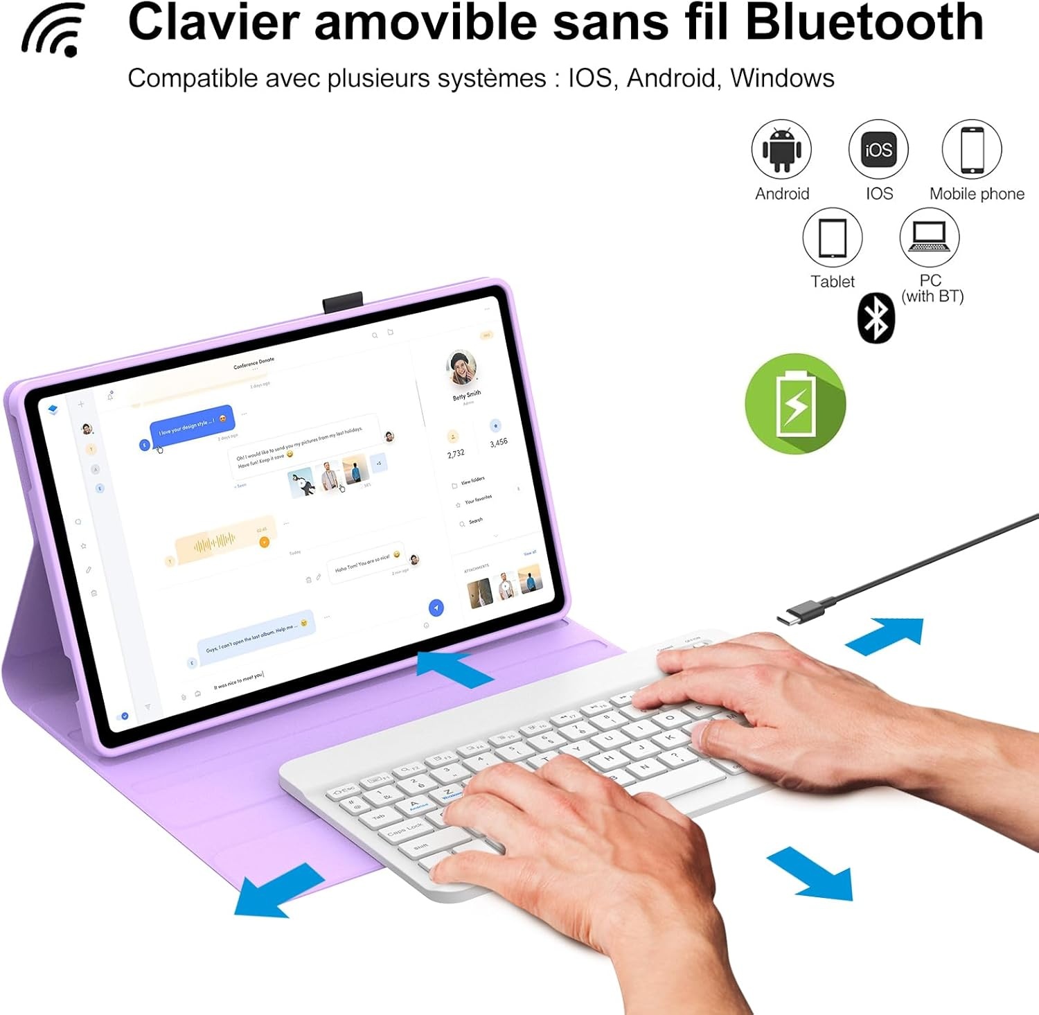 Lichtpaarse Bluetooth Toetsenbord Hoes met Stand AZERTY - Xiaomi Redmi Pad SE 11"