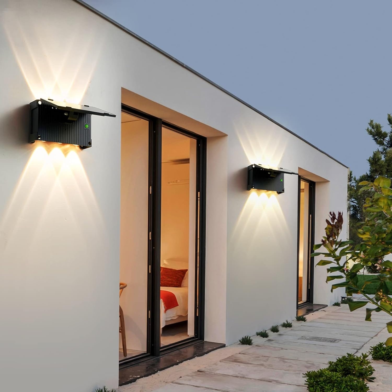 Buiten Muurverlichting Zonnelamp LED 4 stuks, Updown, IP65 Waterdicht, 3 Kleuren, Instelbare Hoek & 180° Lichtsensor voor Tuin & Terras