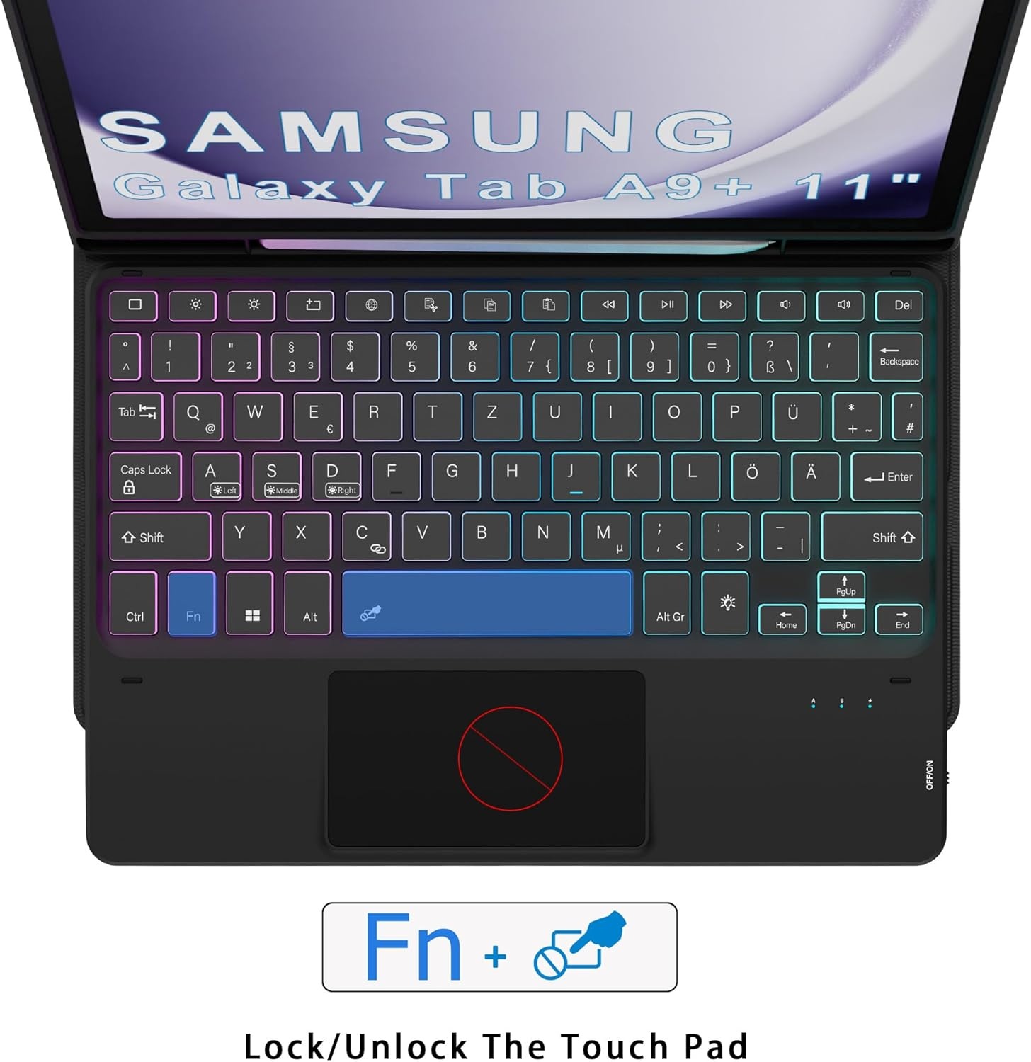 Toetsenbordhoes met afneembaar toetsenbord, trackpad, 7-kleurige verlichting, Duitse QWERTZ en penhouder voor Samsung Galaxy Tab A9+ 11 inch 2023