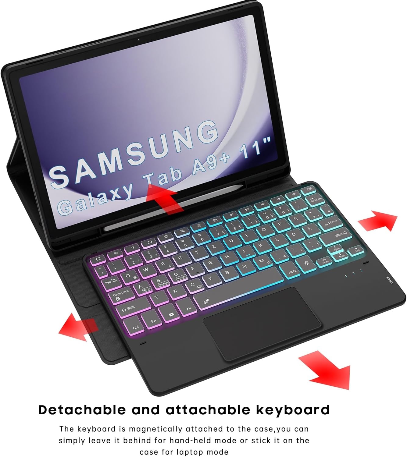 Toetsenbordhoes met afneembaar toetsenbord, trackpad, 7-kleurige verlichting, Duitse QWERTZ en penhouder voor Samsung Galaxy Tab A9+ 11 inch 2023