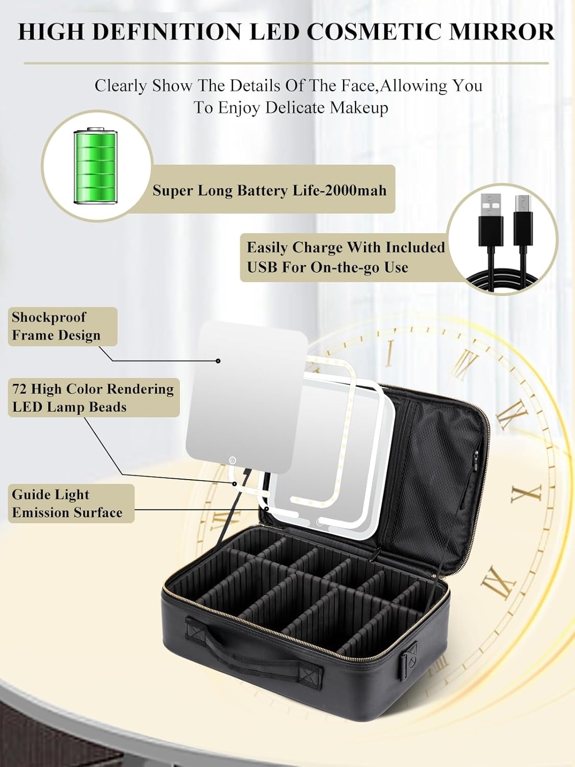 Make-up organizer tas met LED-spiegel en verlichting, grote capaciteit, waterdicht PU-leer, schouderriem en verstelbare verdelers