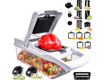 Groentehakselaar Keukenmandoline 22-in-1 met 12 messen, 1.2L opvangbak, afvoermand, uienhakker, citroenpers, eierscheider - Wit