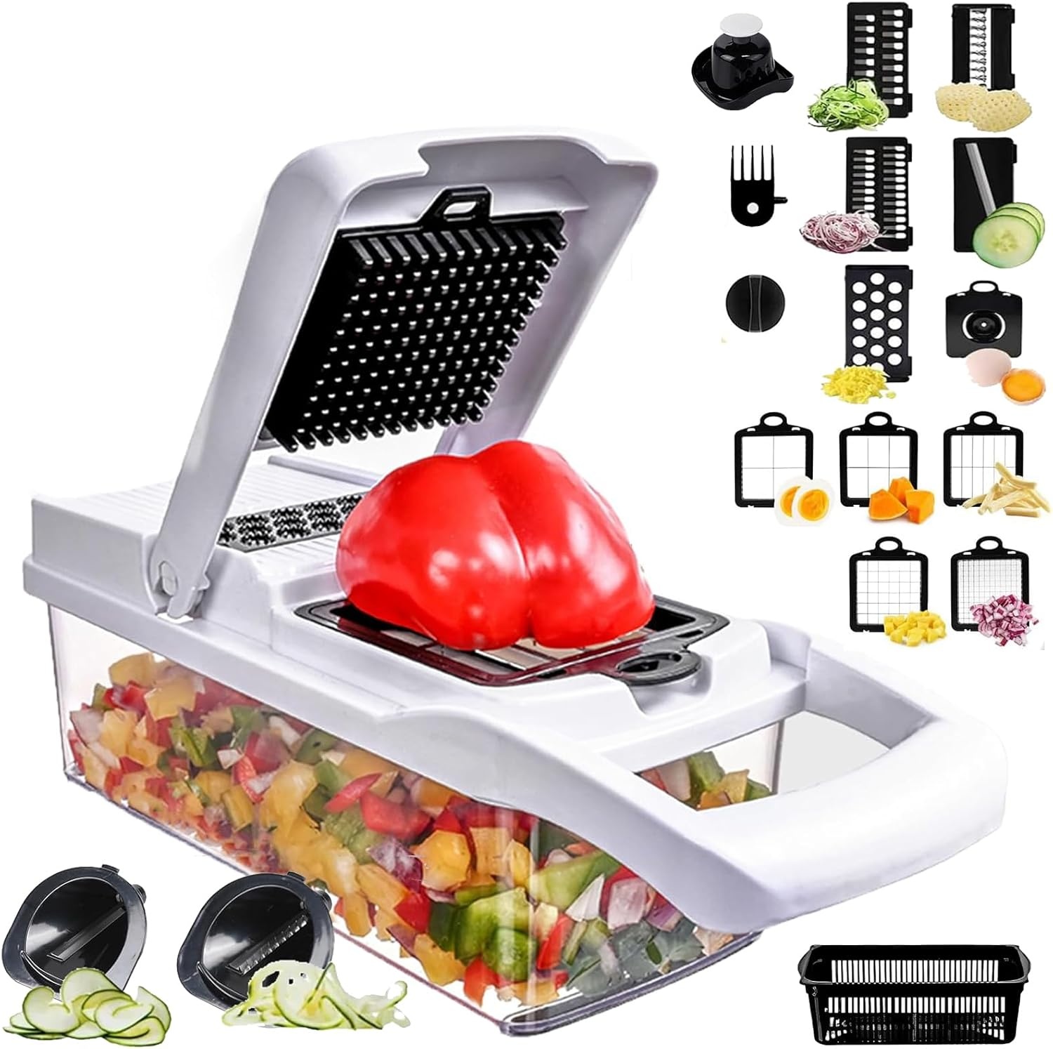 Groentehakselaar Keukenmandoline 22-in-1 met 12 messen, 1.2L opvangbak, afvoermand, uienhakker, citroenpers, eierscheider - Wit