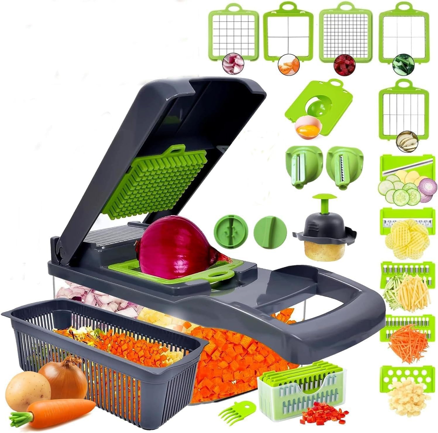 Groentehakselaar Keukenmandoline 22-in-1 met 12 messen, 1.2L opvangbak, afvoermand, uienhakker, citroenpers, eierscheider - Wit