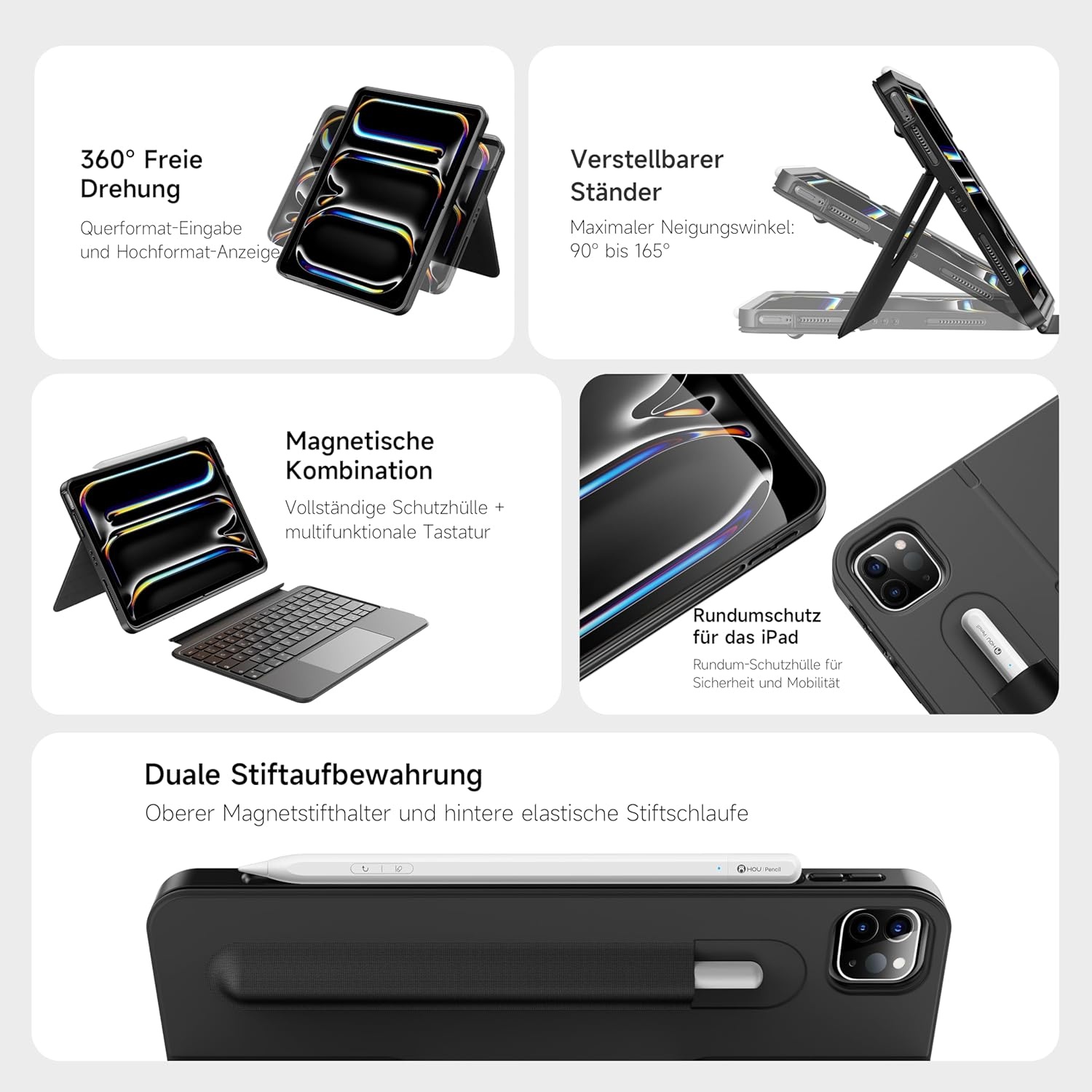 Toetsenbordhoes iPad Pro 11 (M4 2024) magnetisch afneembaar, 360° draaibaar, multi-touch trackpad, 7-kleurig achtergrondlicht - Zwart