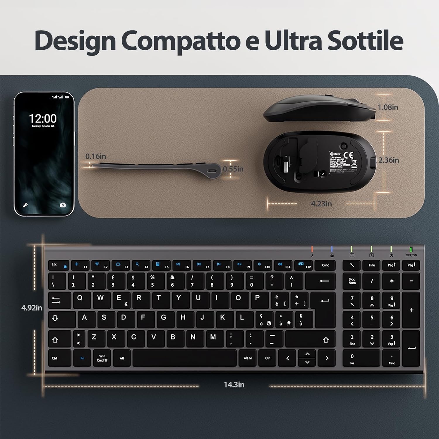 Draadloos Toetsenbord & Muis Set 90u Oplaadbaar Ergonomisch 2.4G Wit/Zilver - 62% Korting