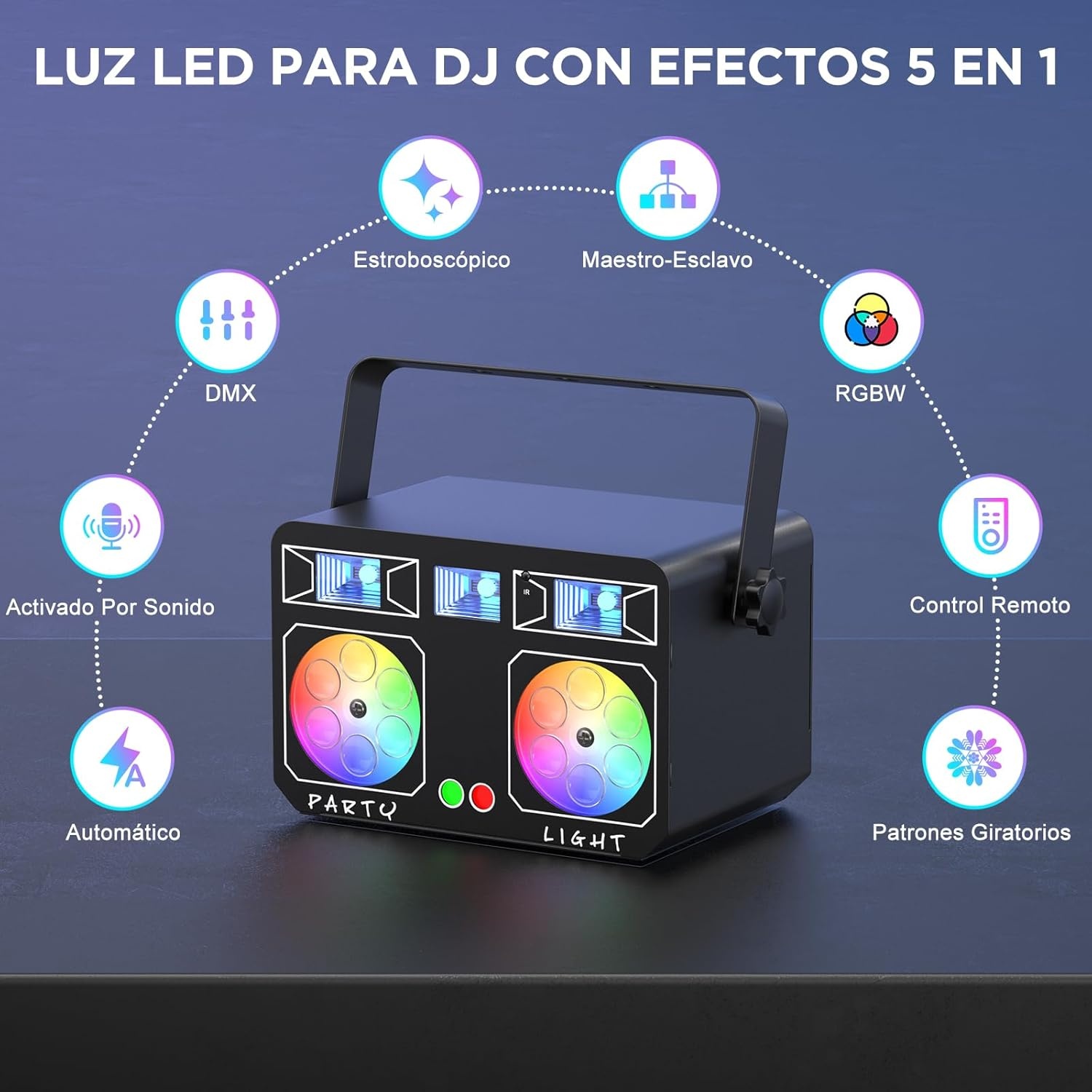 5-in-1 led-discotheeklamp, RGBY 15 kleurencombinaties voor feestjes (met uv-effect), afstandsbediening met 30 led-effecten, DJ-effect, geschikt voor bruiloften en festivals