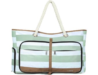 Dames Strandtas Shopper Waterdicht Opvouwbaar met Rits, Schoenenvak - Groen Gestreept, 35L (56x38x15 cm)