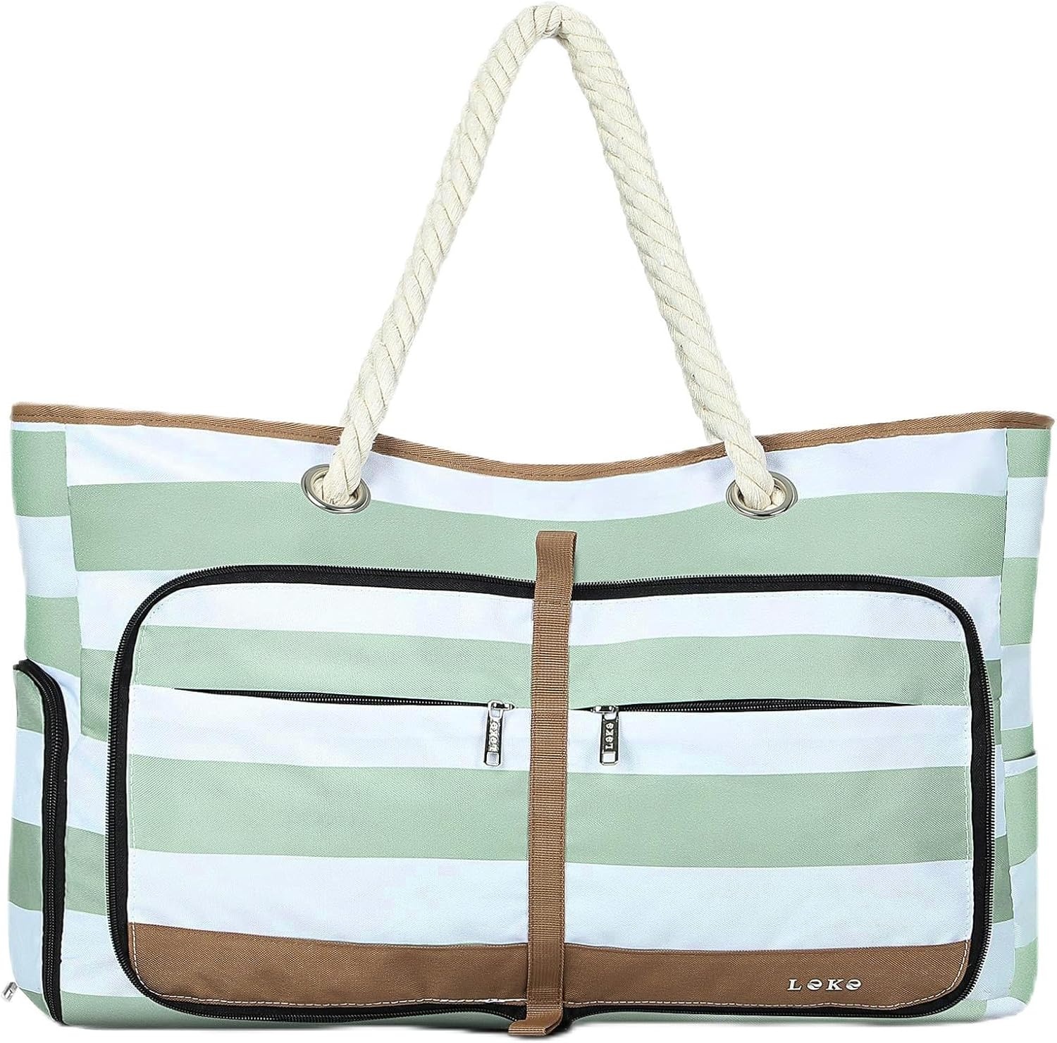 Dames Strandtas Shopper Waterdicht Opvouwbaar met Rits, Schoenenvak - Groen Gestreept, 35L (56x38x15 cm)