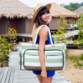 Dames Strandtas Shopper Waterdicht Opvouwbaar met Rits, Schoenenvak - Groen Gestreept, 35L (56x38x15 cm)