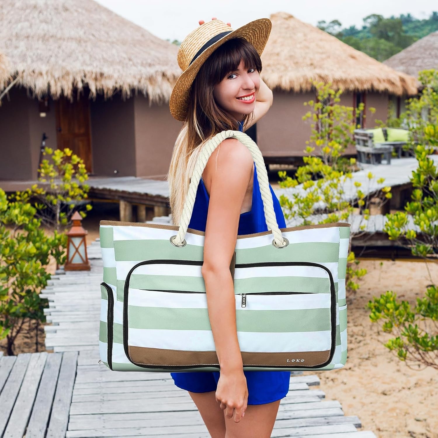 Dames Strandtas Shopper Waterdicht Opvouwbaar met Rits, Schoenenvak - Groen Gestreept, 35L (56x38x15 cm)