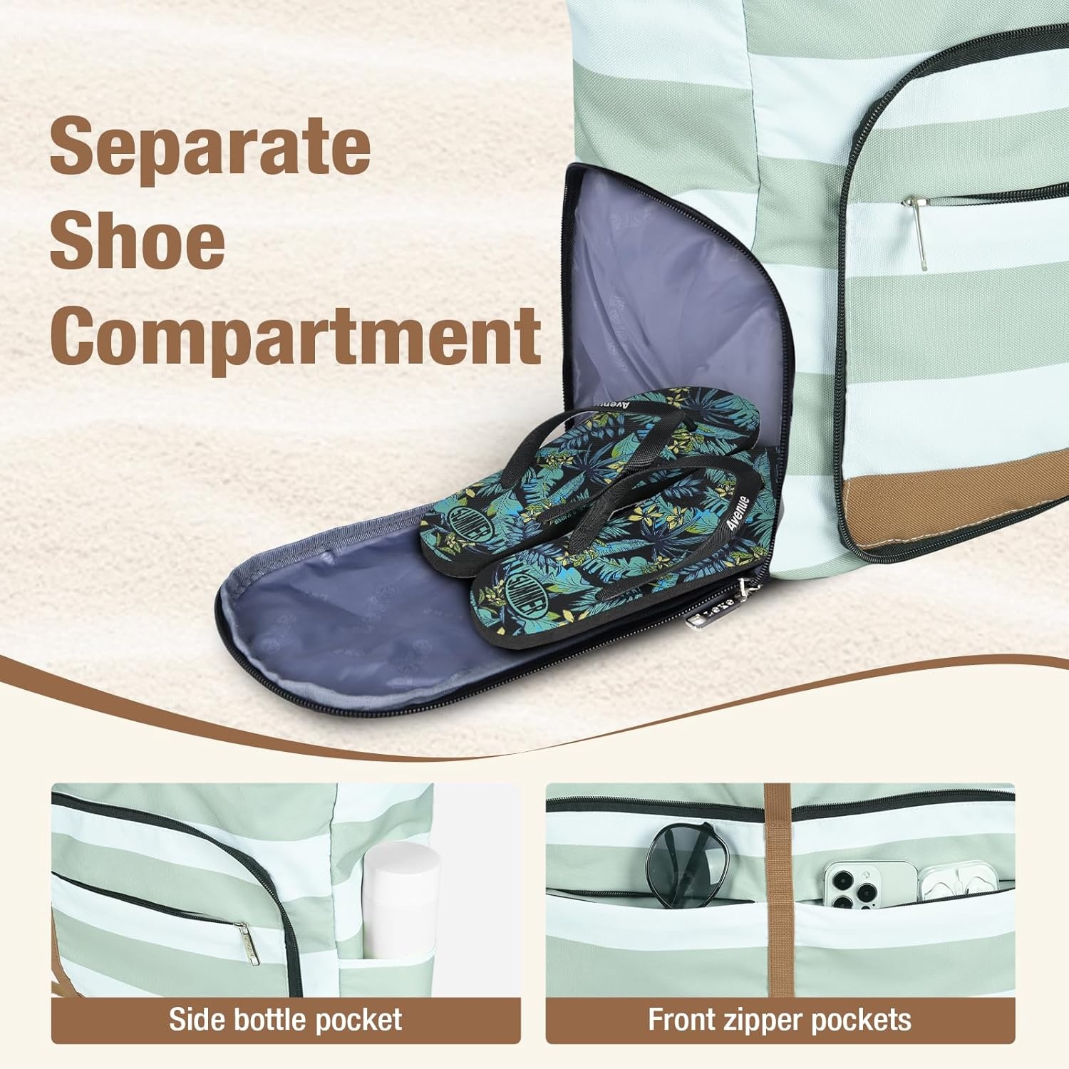 Dames Strandtas Shopper Waterdicht Opvouwbaar met Rits, Schoenenvak - Groen Gestreept, 35L (56x38x15 cm)