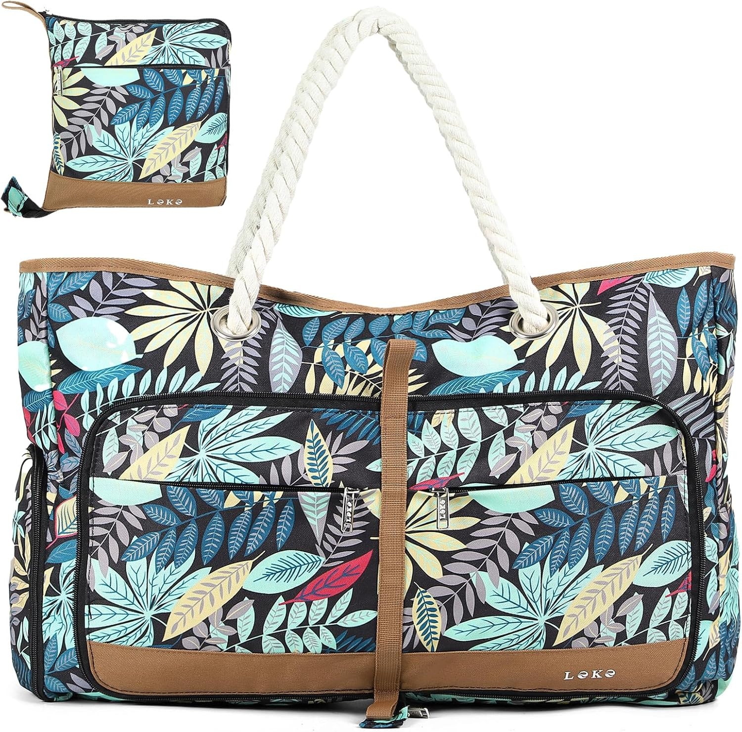 Dames Strandtas Shopper Waterdicht Opvouwbaar met Rits, Schoenenvak - Groen Gestreept, 35L (56x38x15 cm)