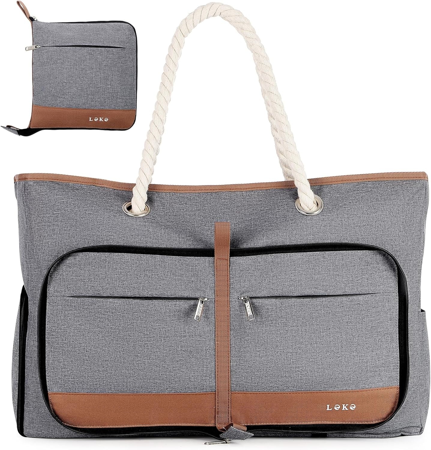 Dames Strandtas Shopper Waterdicht Opvouwbaar met Rits, Schoenenvak - Groen Gestreept, 35L (56x38x15 cm)