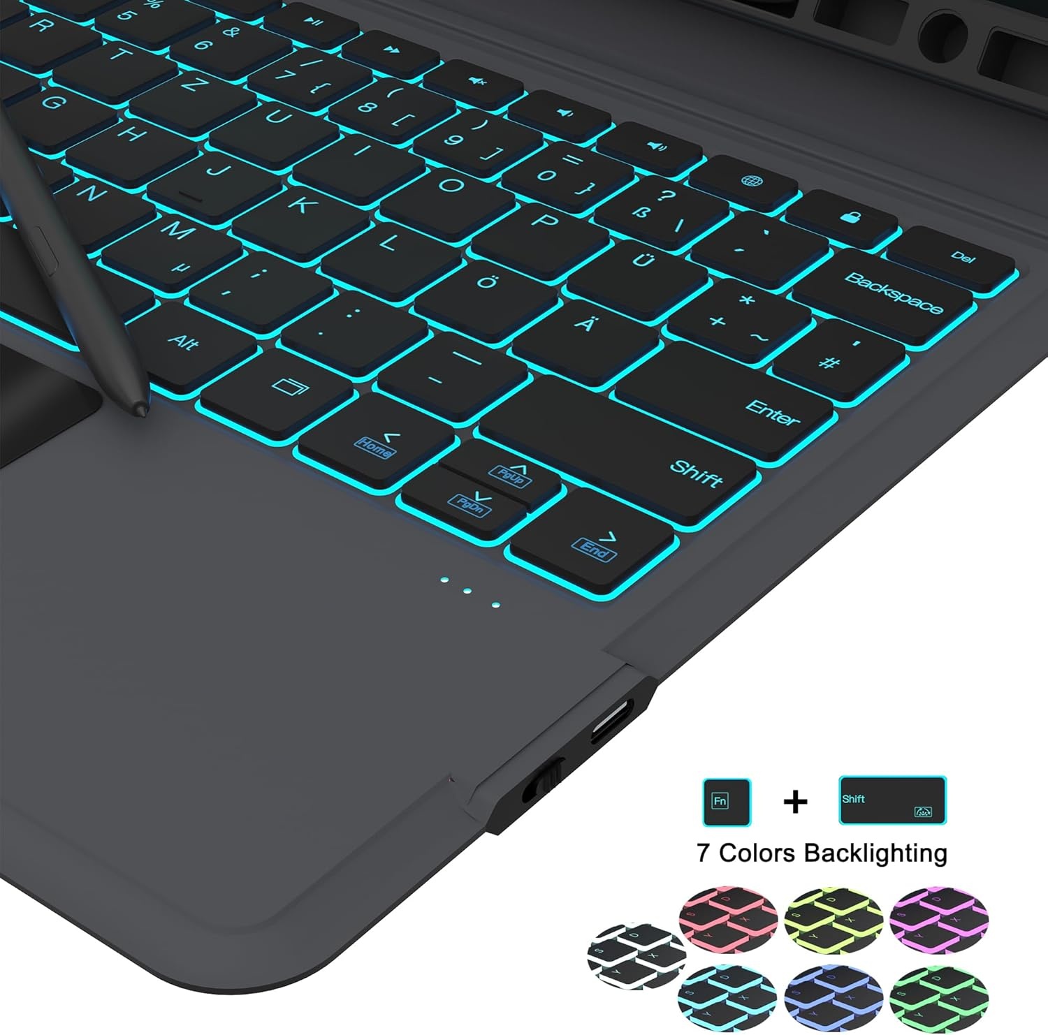 Hoes met QWERTZ Toetsenbord & 7 Kleuren Verlichting voor Samsung Tab S10+/S9+ (34% Korting)